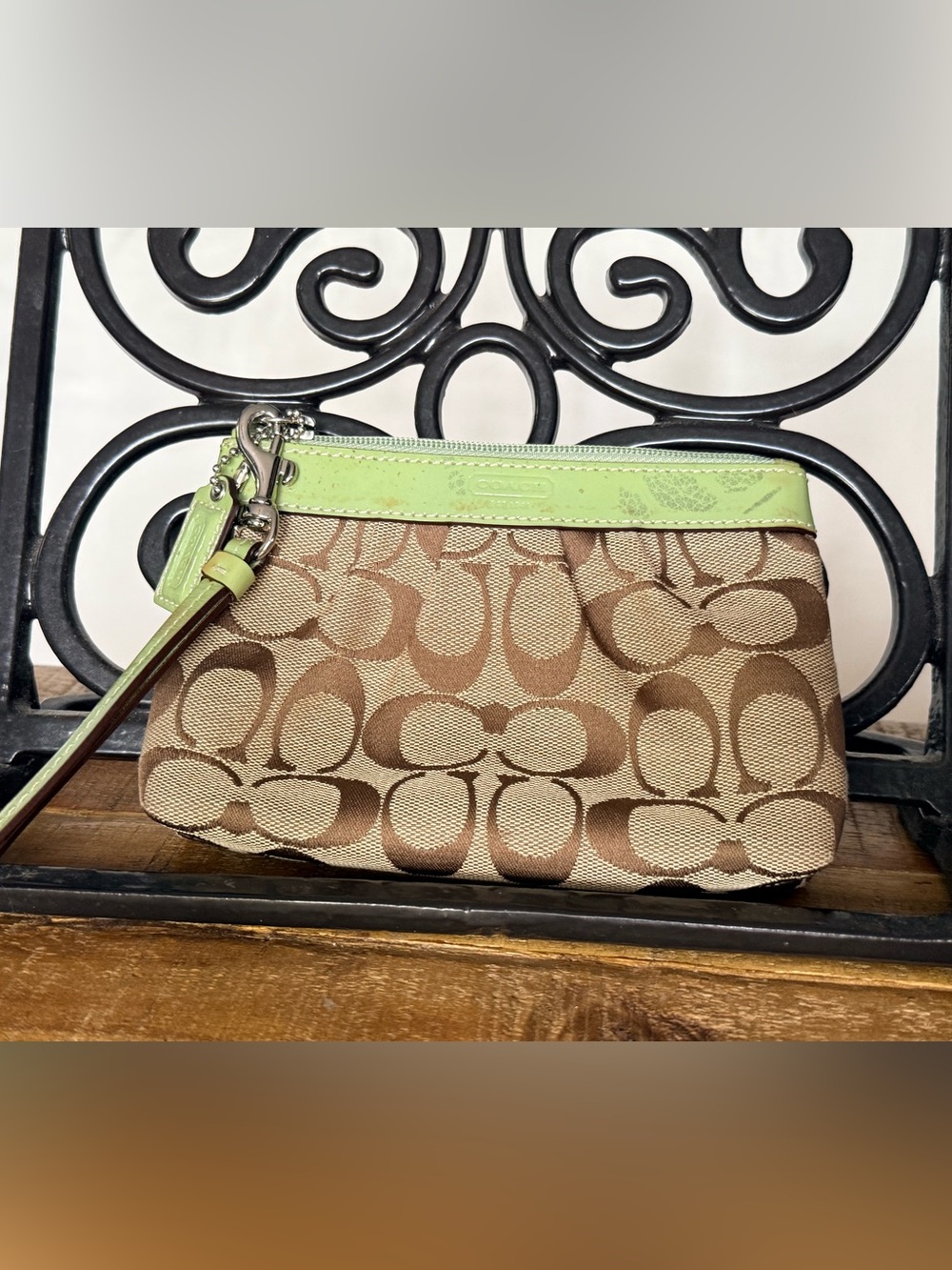 Coach Beige Signature Canvas Wristlet with Lime Trim
